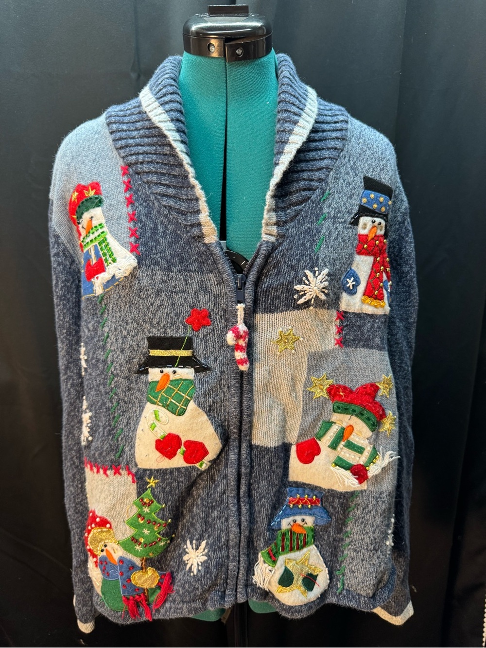 Blue Snowman Holiday Zip-Up Cardigan